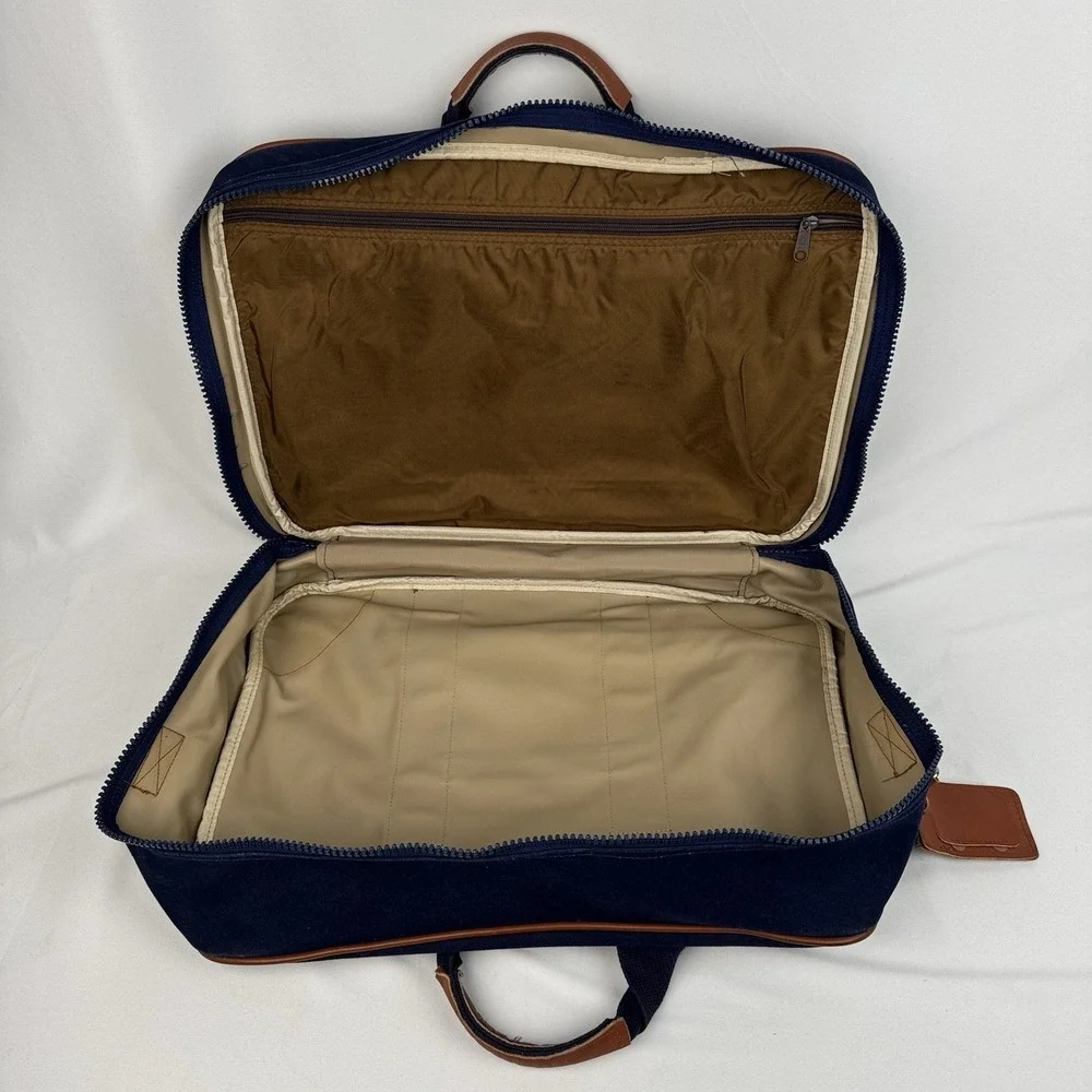 Vtg Lands End Square Rigger Weekender Bag Navy Blue Canvas Leather Luggage 20" - Picture 6 of 9